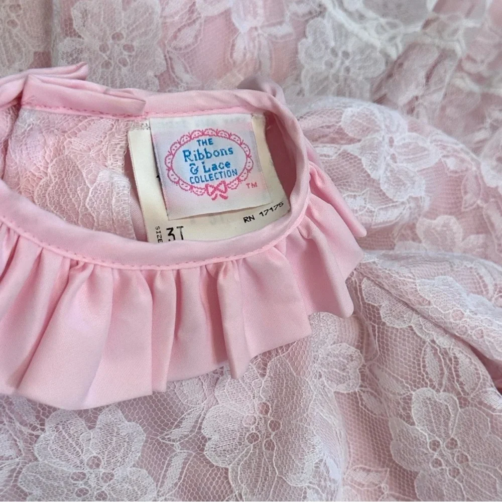 Vintage Toddler Girl Dress Pink White Floral Lace by Ribbons & Lace Collection